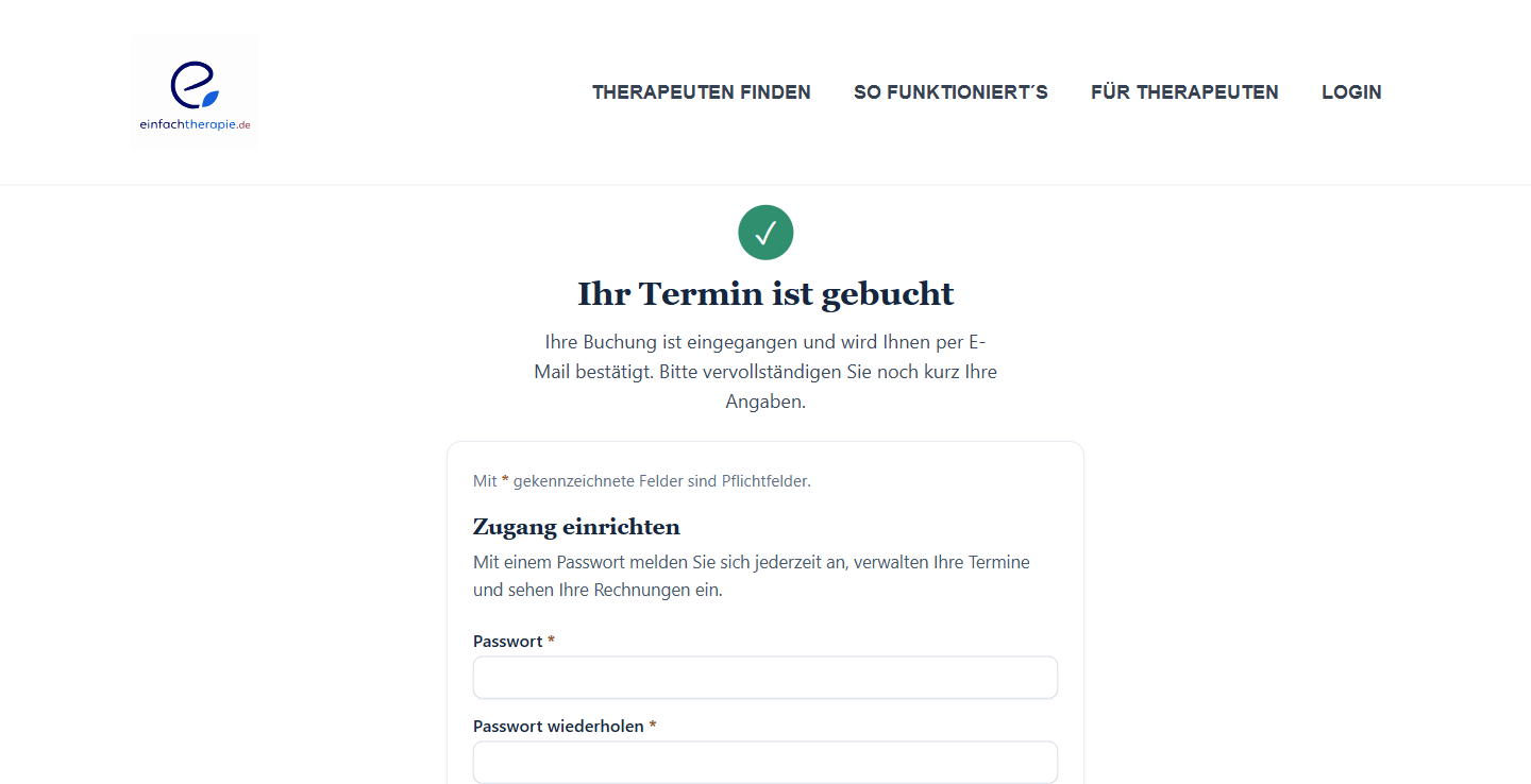 Bestätigungsseite nach der Buchung bei einfachTherapie.de mit dem Hinweis, dass die Buchung eingegangen ist
