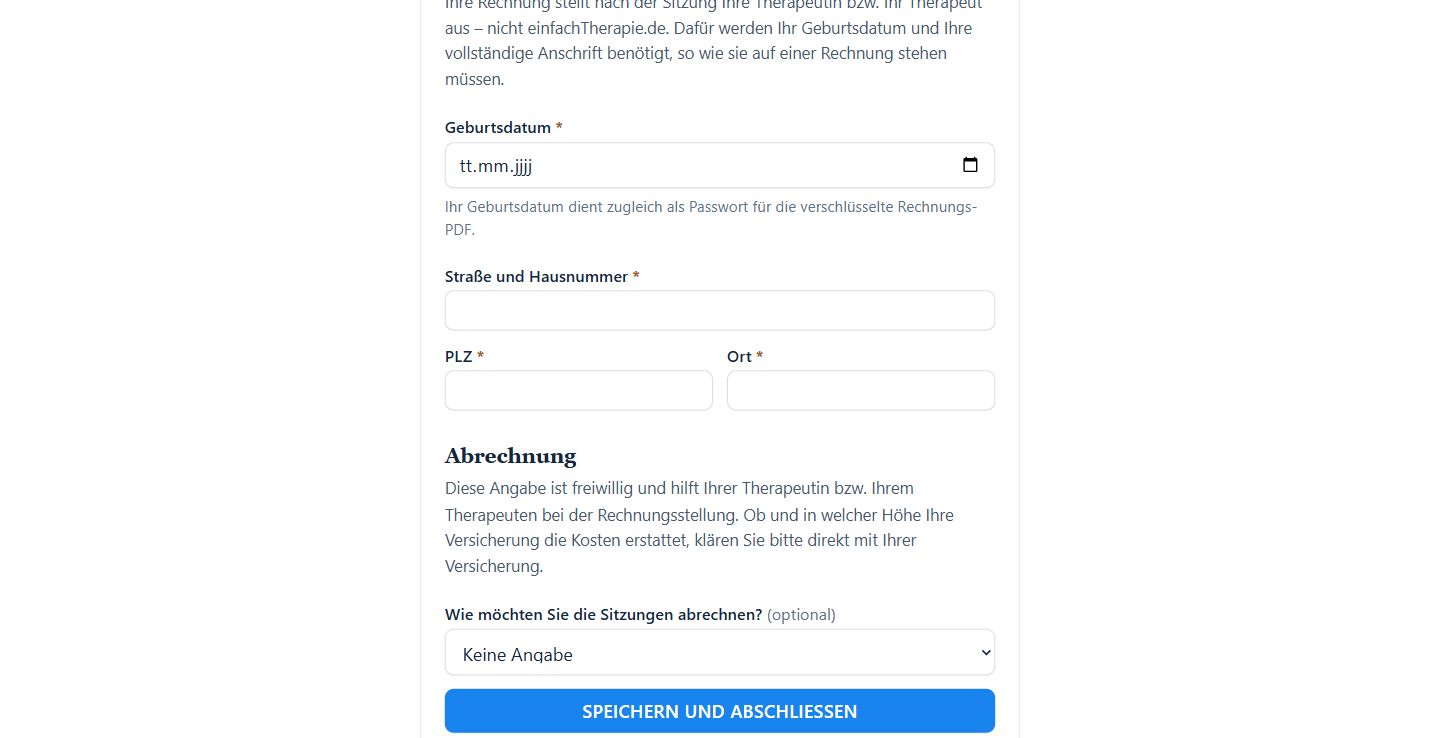 Formular für Rechnungsdaten mit dem Hinweis, dass die Therapeutin oder der Therapeut die Rechnung stellt