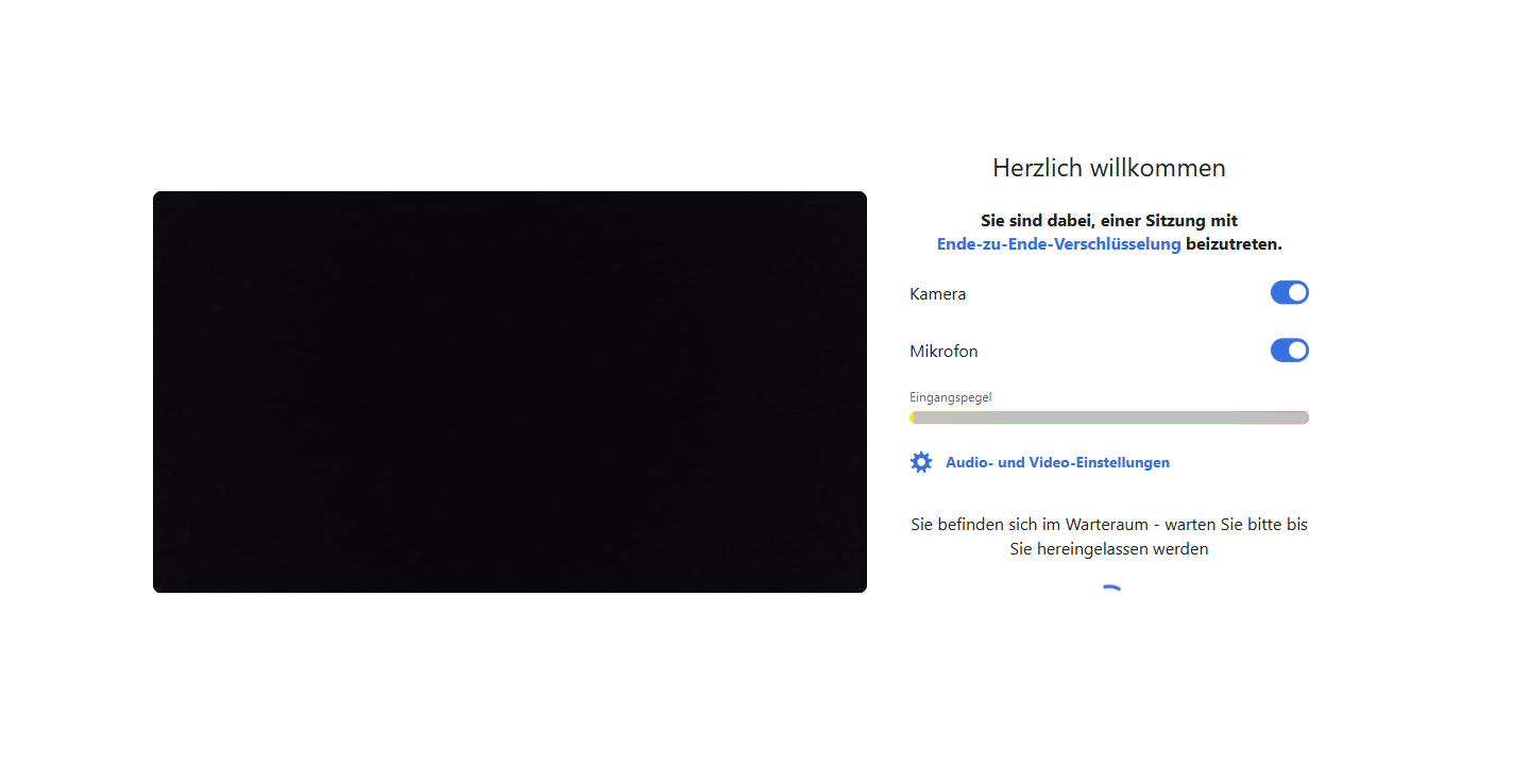 Warteraum vor der Videositzung mit Kamera- und Mikrofonprüfung