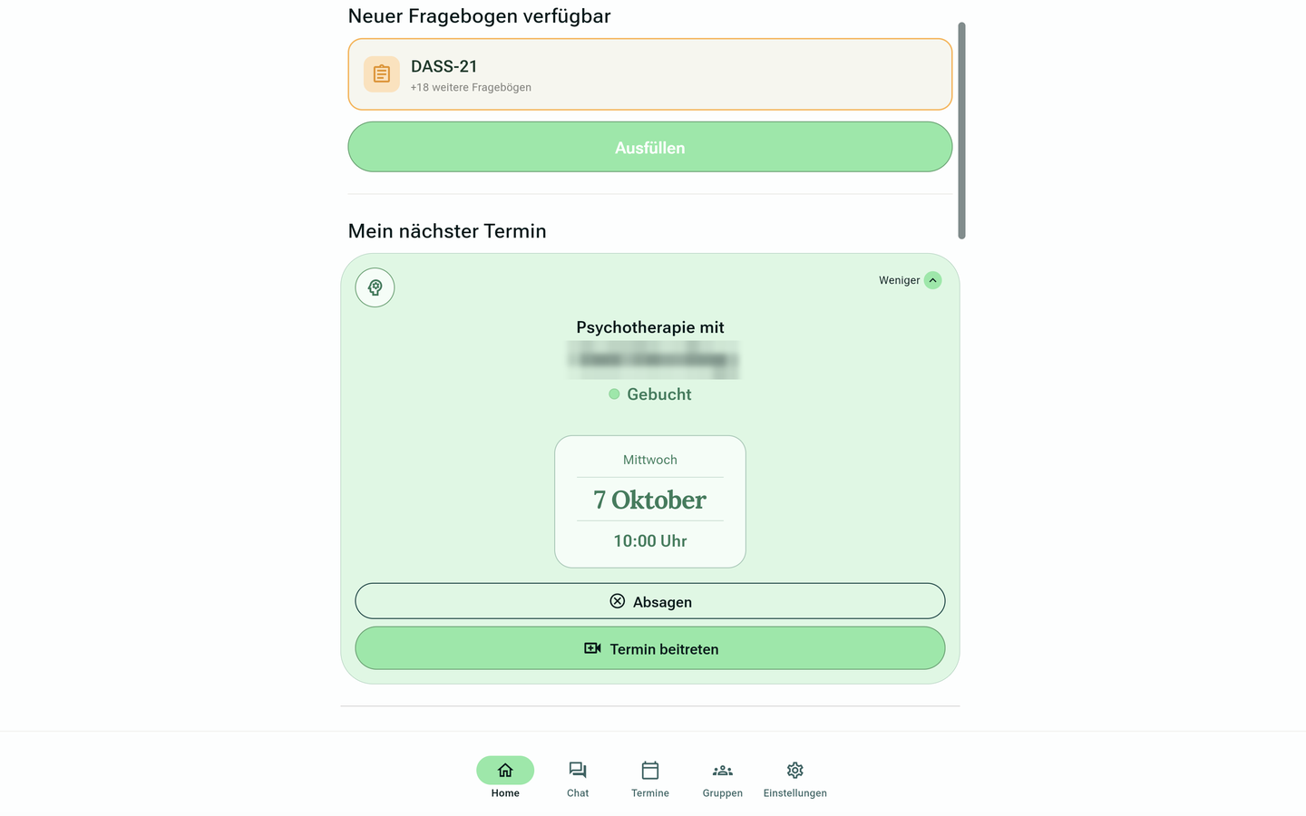 Startbildschirm der Therapy-Lift-App mit dem nächsten Termin, einem offenen Fragebogen und der Navigation Home, Chat, Termine, Gruppen, Einstellungen