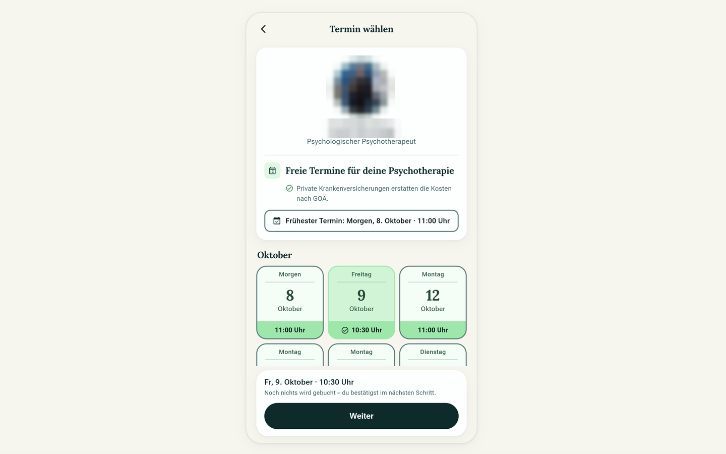 Terminauswahl in der Therapy-Lift-App mit den freien Terminen der ausgewählten Fachkraft, der früheste am Folgetag